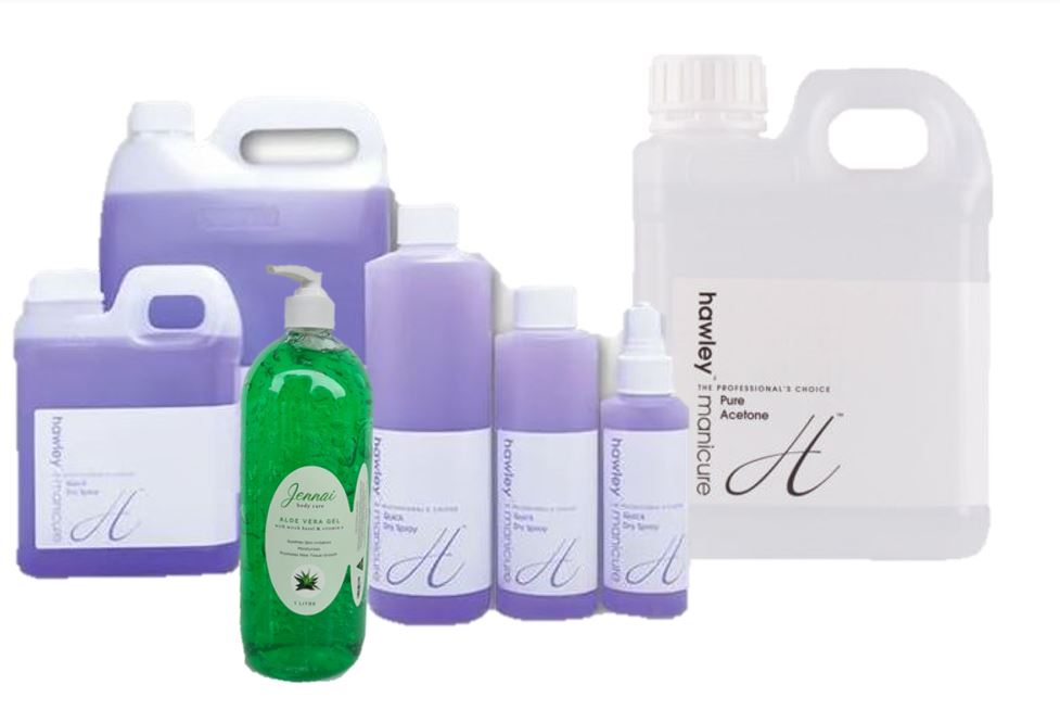 Our range of solutions and solvents: Including acetone, aloe vera gel, nail polish remover, post wax care, wax removers and everything for sanitising and your salon needs